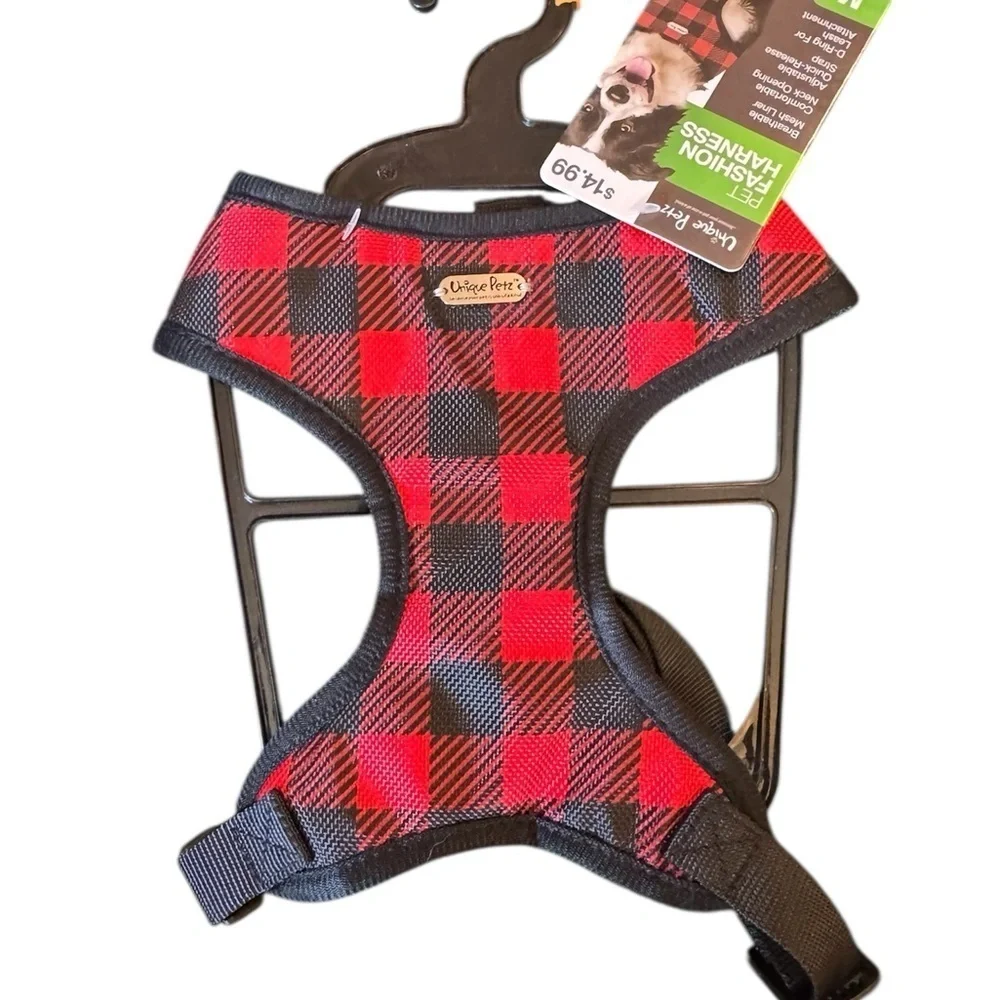 Unique Petz Red and Black Plaid Pet Harness in Size Medium